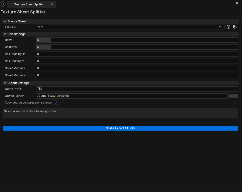 Screenshot 01 — Hero shot — Tool open with a 4×4 sprite sheet loaded, cell preview visible, output prefix and folder configured.