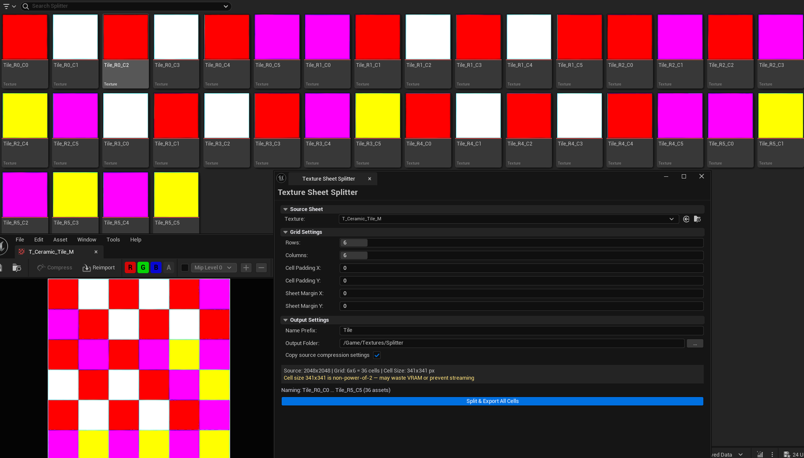 Screenshot 02 — Cell layout preview — Tool with cell preview showing computed cell sizes overlaid on the source, output settings configured.