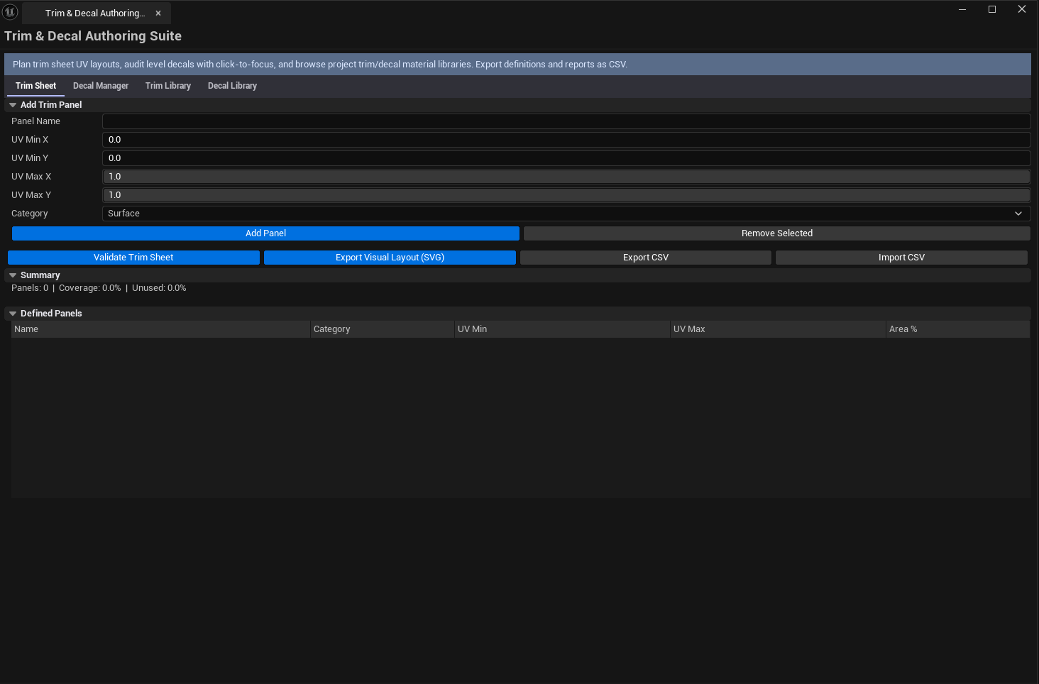 Screenshot 01 — Hero shot — Suite open on Trim Sheet Manager with several panels defined, coverage percentage visible, validation status showing "OK".