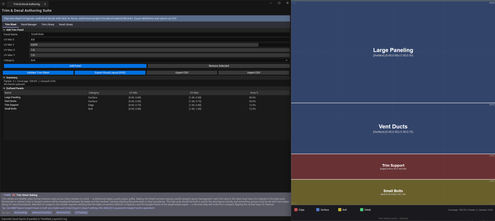 Screenshot 02 — Trim Sheet Manager — Tab 1 with 8 panels defined across categories, coverage 89%, validation status "OK".