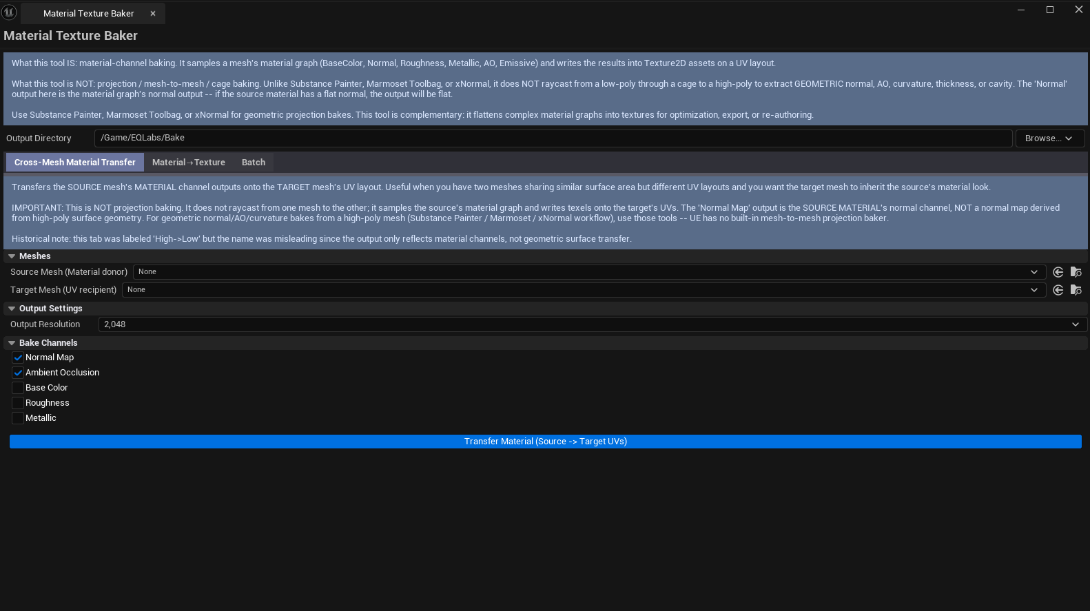 Screenshot 01 — Hero shot — Tool open on Material → Texture tab with a static mesh selected, channel checkboxes set, output folder visible.