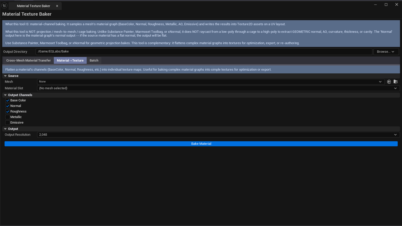 Screenshot 02 — Material → Texture — Tab 2 with a mesh selected, material slot 0, four channel checkboxes ticked, baked textures visible in the output folder.
