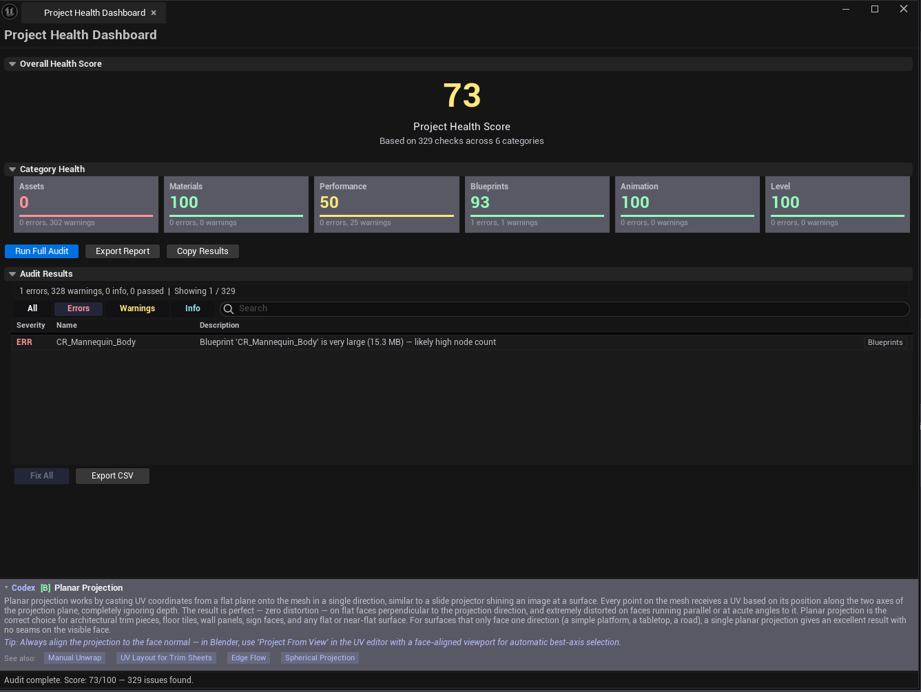 Screenshot 01 — Hero shot — Dashboard after Run Full Audit, six category cards with mixed scores visible, results list below, overall score callout at top.