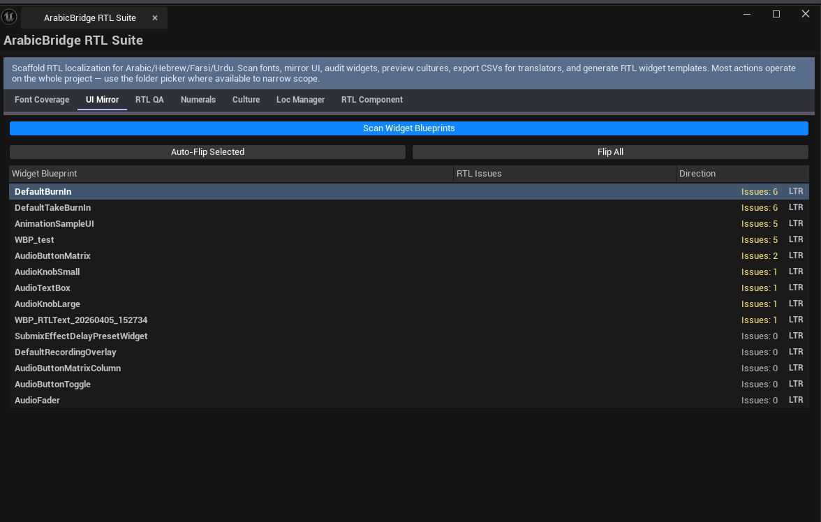 Screenshot 02 — UI Mirror tab — Widgets list with several entries, mixed flipped flags visible.