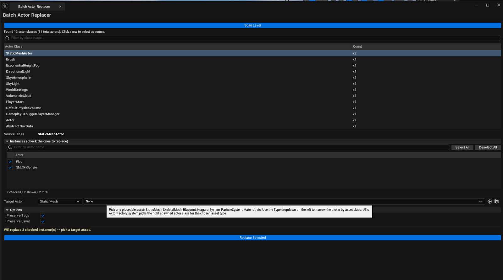Screenshot 02 — Replacement flow — Tool with a class selected, 8 instances checked, target asset configured, Replace Selected button highlighted.