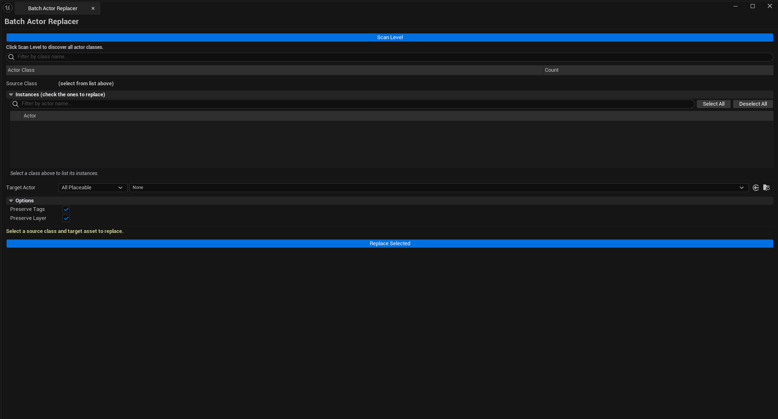 Screenshot 01 — Hero shot — Replacer with class list on left showing scanned classes + counts, instance list on right with per-row checkboxes, target asset configured at the bottom.