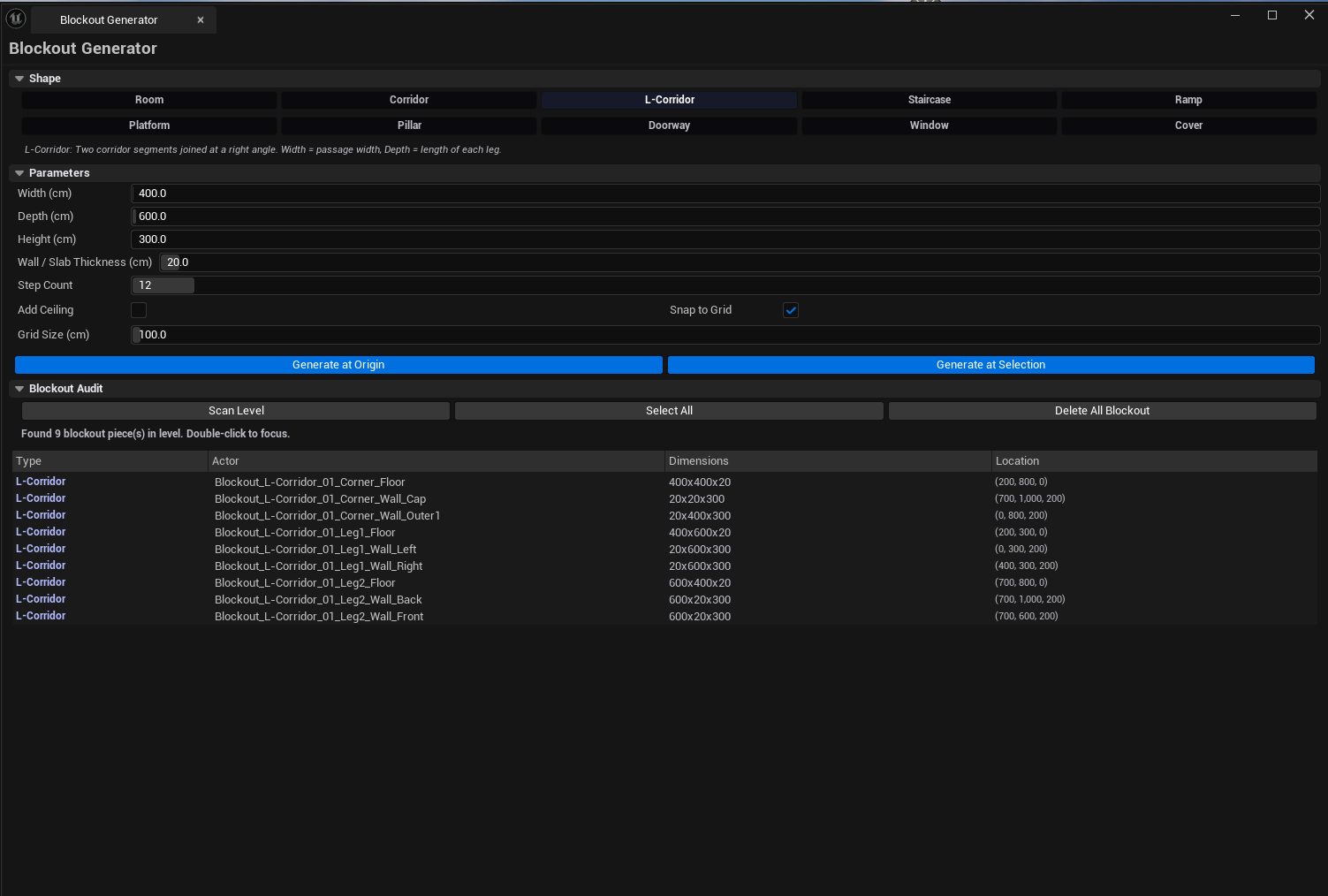 Screenshot 02 — Audit list — Audit list with multiple blockout actors visible, mixed shape types.