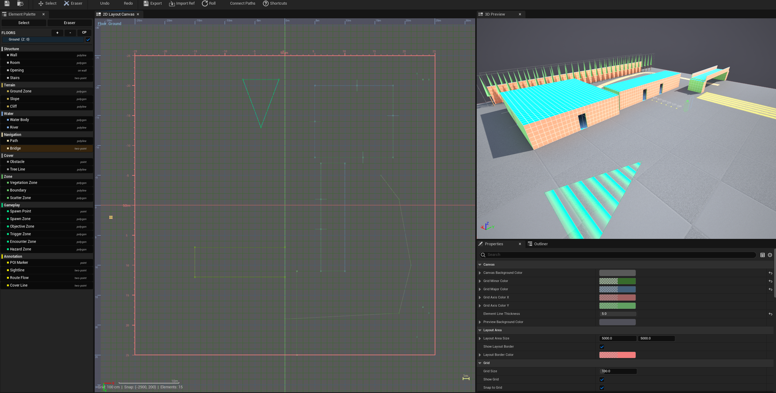 Screenshot 01 — Hero shot — Hub launcher panel showing Create New + recent layouts list. Below: the Blockout Lab editor open with 2D canvas on left, 3D preview on right, element palette on the side.
