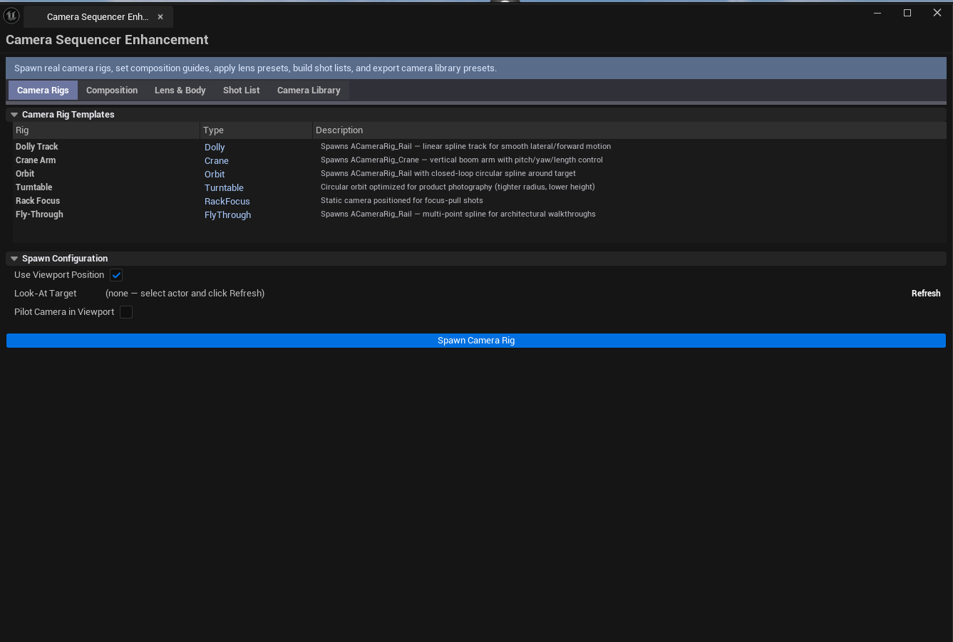 Screenshot 01 — Hero shot — Tool open on Camera Rig Templates tab, viewport showing a spawned crane rig pointed at a target actor.