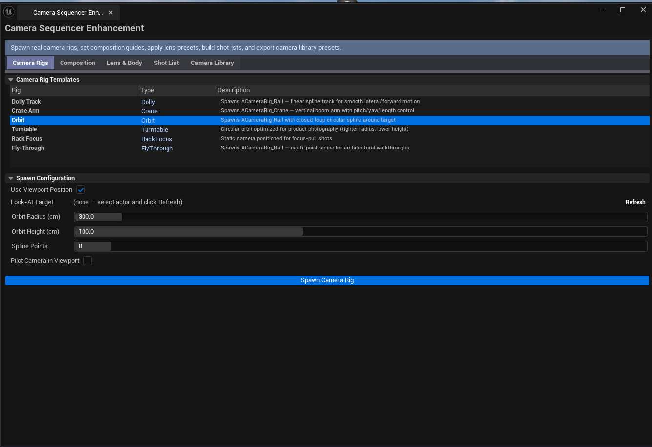 Screenshot 02 — Rig Templates — Tab 1 with rig list, spawn settings configured, viewport showing the spawned rig.