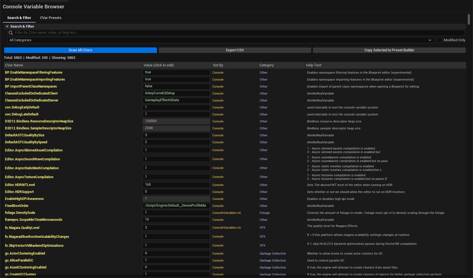 Screenshot 01 — Hero shot — Browser open on Search tab with "Modified Only" toggled, showing several edited CVars. Tab bar visible.