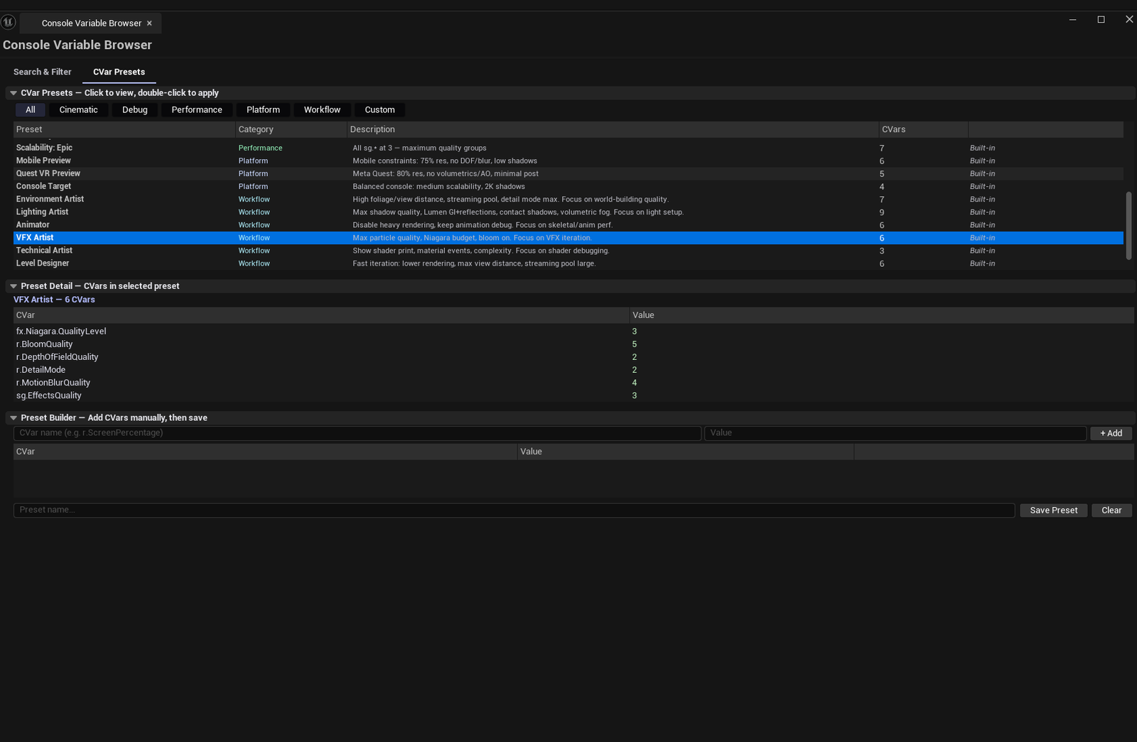 Screenshot 02 — Search tab with filter — Search results filtered to "r.Shadow", multiple shadow CVars visible with current values.