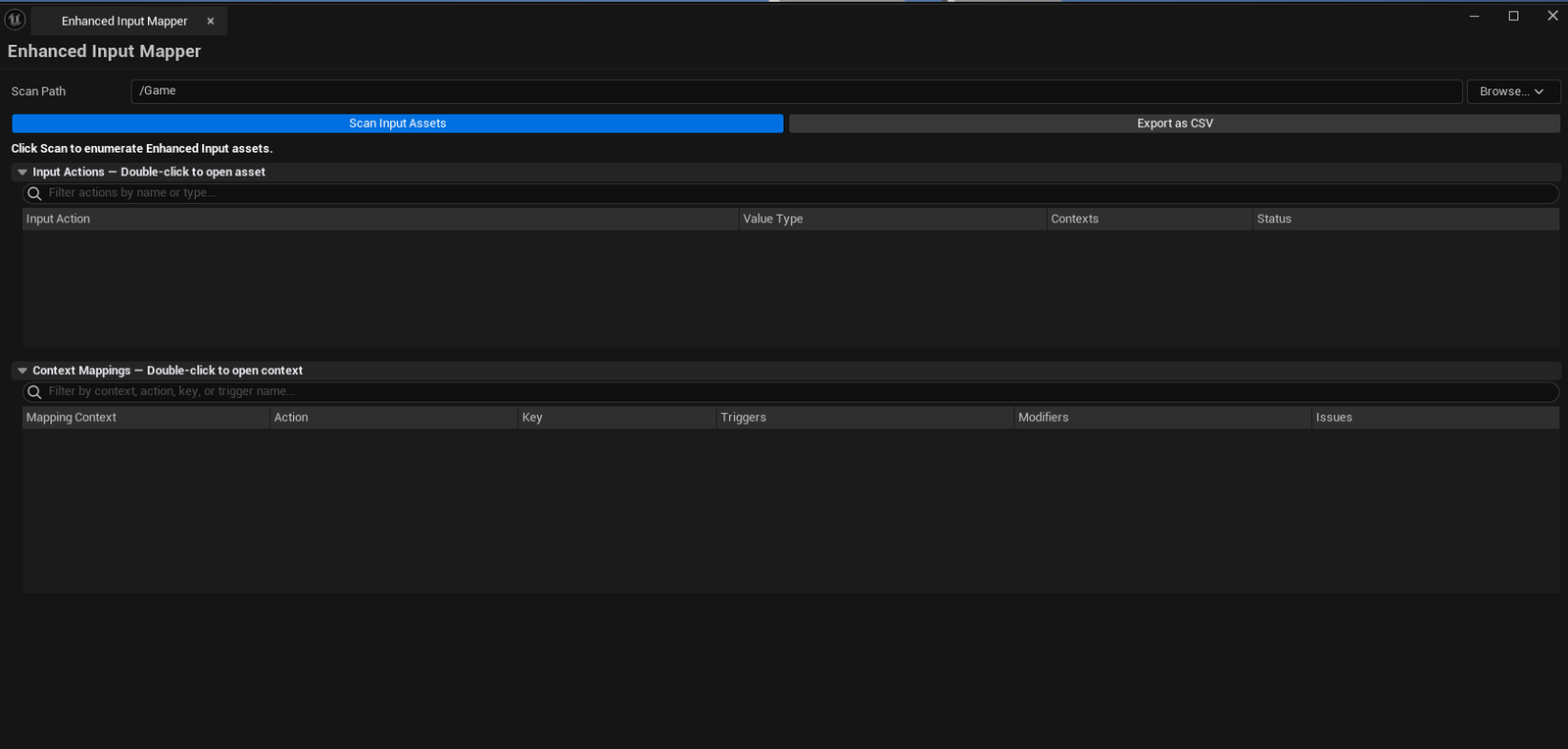 Screenshot 01 — Hero shot — Mapper open after scan, both lists populated, summary line showing total actions / contexts / unbound / duplicate counts.