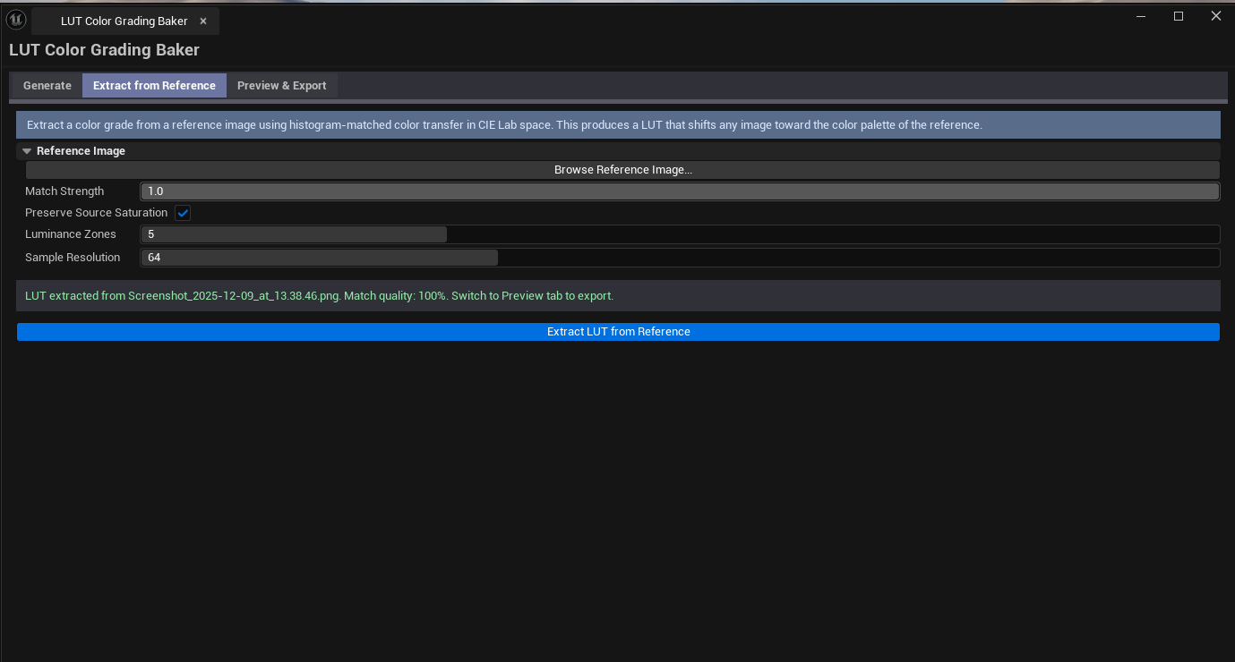 Screenshot 02 — Extract tab — Reference image loaded, extraction parameters set, LUT preview showing the matched look.
