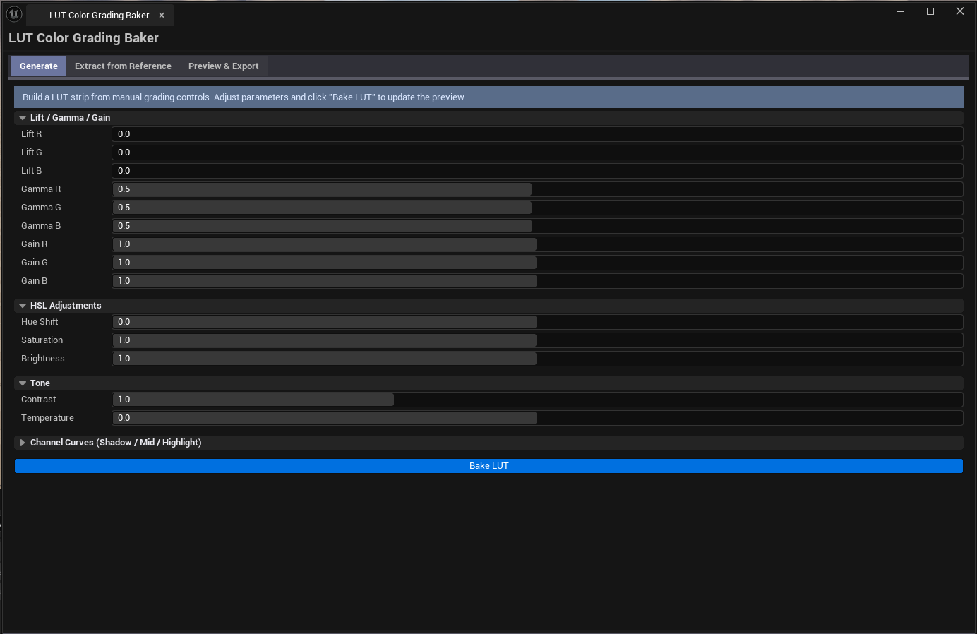 Screenshot 01 — Hero shot — Baker open on Generate tab, manual grading sliders configured, LUT strip preview visible at the bottom.