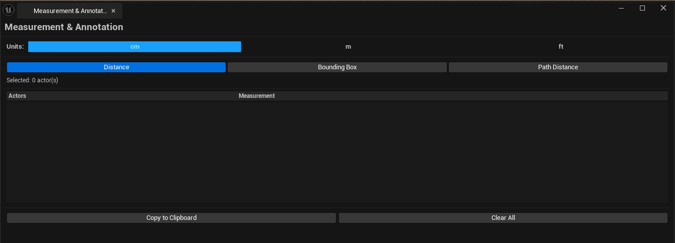 Screenshot 01 — Hero shot — Tool open with several measurements taken between selected actors, results list showing labels and values.
