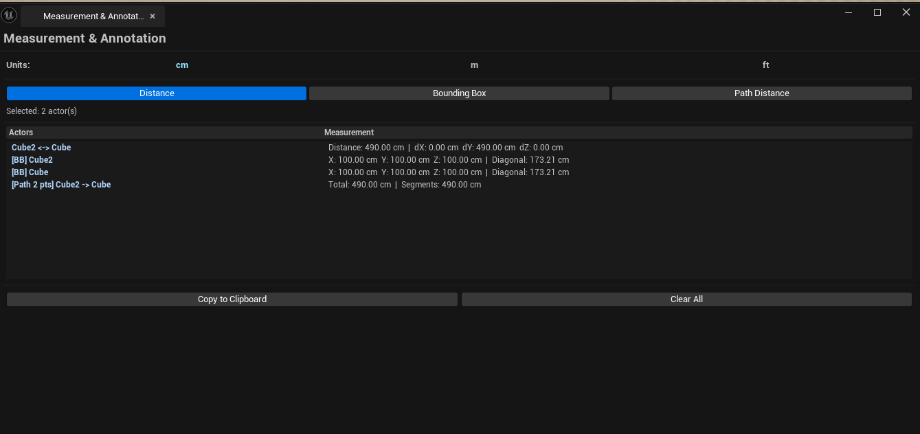 Screenshot 02 — Multiple measurements — Results list with several entries showing distance / bounding box / path measurements with mixed unit display.