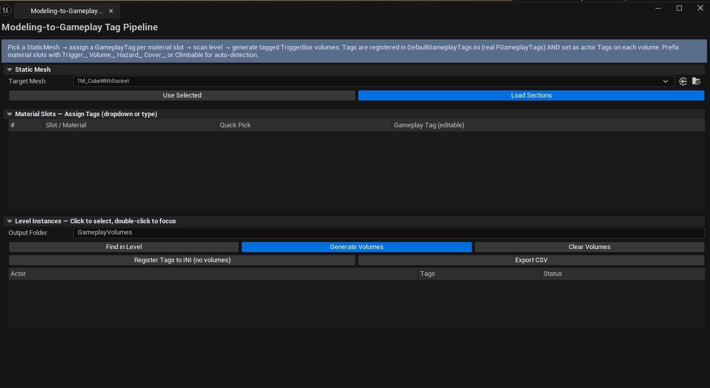 Screenshot 01 — Hero shot — Tool open with a mesh selected, sections list showing material slots with assigned tags, instances list showing level placements.