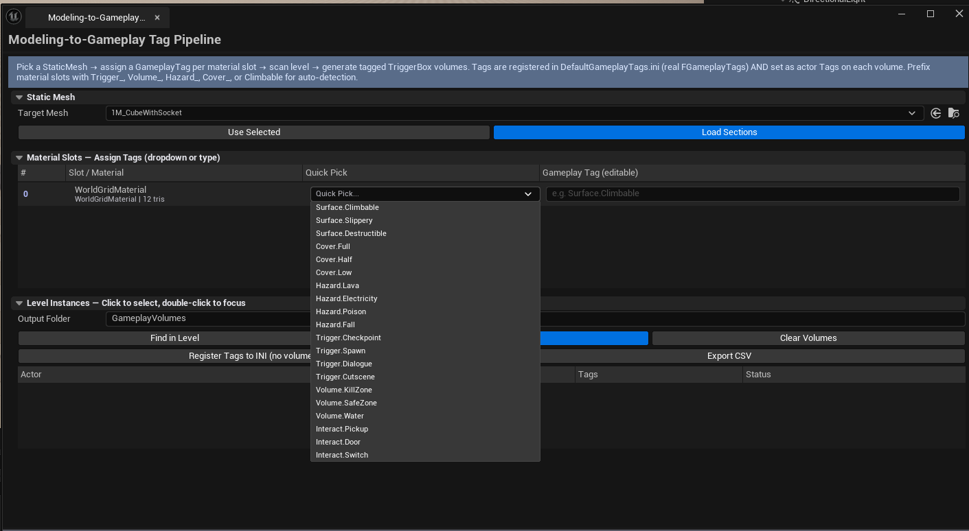 Screenshot 02 — Sections + instances — Sections list with assigned tags, instances list below showing level placements with volumes-generated flags.