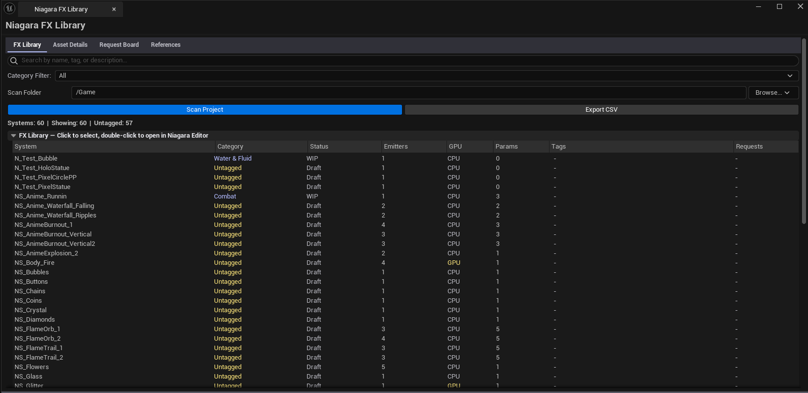Screenshot 01 — Hero shot — Library open on FX Library tab with assets list populated, category filter set, search active. Tab bar visible.