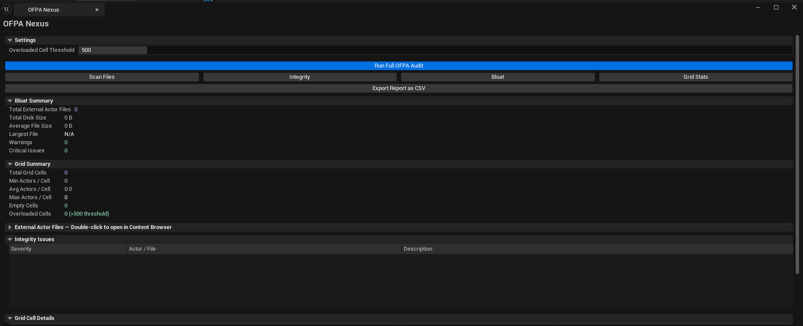 Screenshot 01 — Hero shot — Nexus open after Run All, all four lists populated (External Actors / Integrity / Grid Stats), summary block at top with totals.