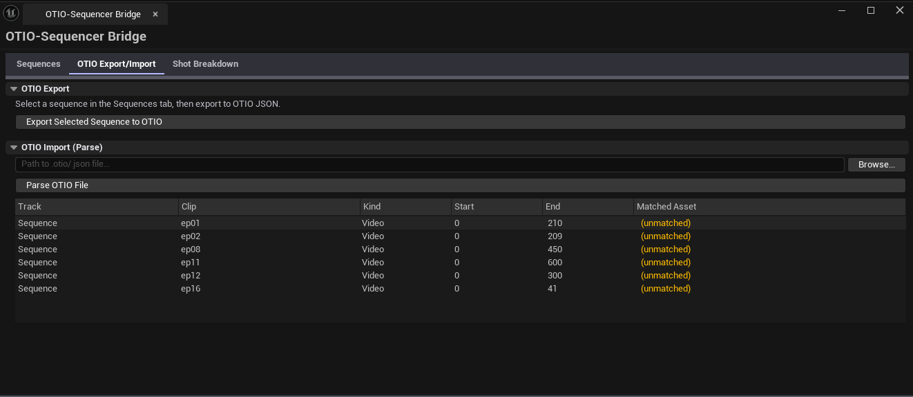 Screenshot 02 — Import Clips — Imported OTIO file with 8 clips listed, "Matched Asset" column showing successful resolution to LevelSequence assets.
