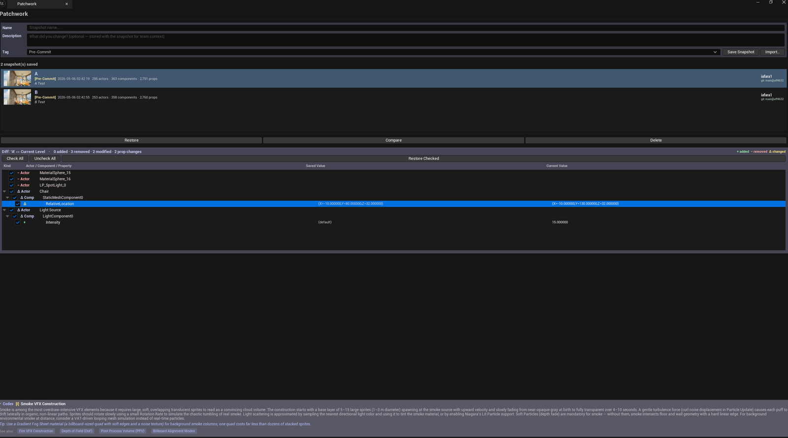 Screenshot 02 — Diff tree with cherry-pick — Diff tree expanded, mix of actor / component / property nodes, several leaves checked.