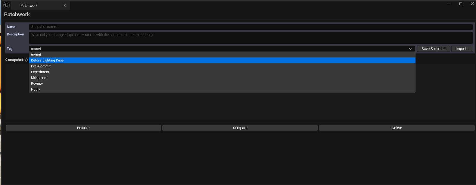 Screenshot 01 — Hero shot — Patchwork open with several saved snapshots in the list, diff tree visible showing actor / component / property hierarchy with cherry-pick checkboxes.