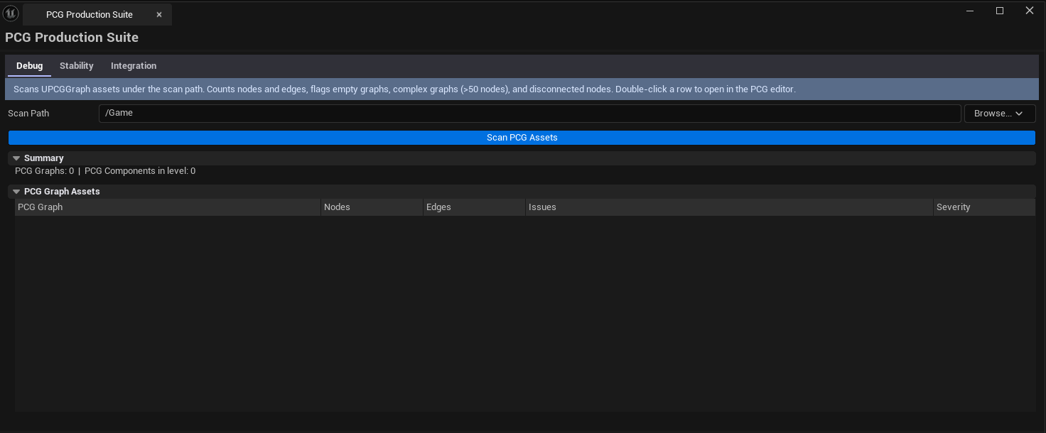 Screenshot 01 — Hero shot — Suite open on Debug tab with several PCG graphs scanned, node counts and warnings visible.