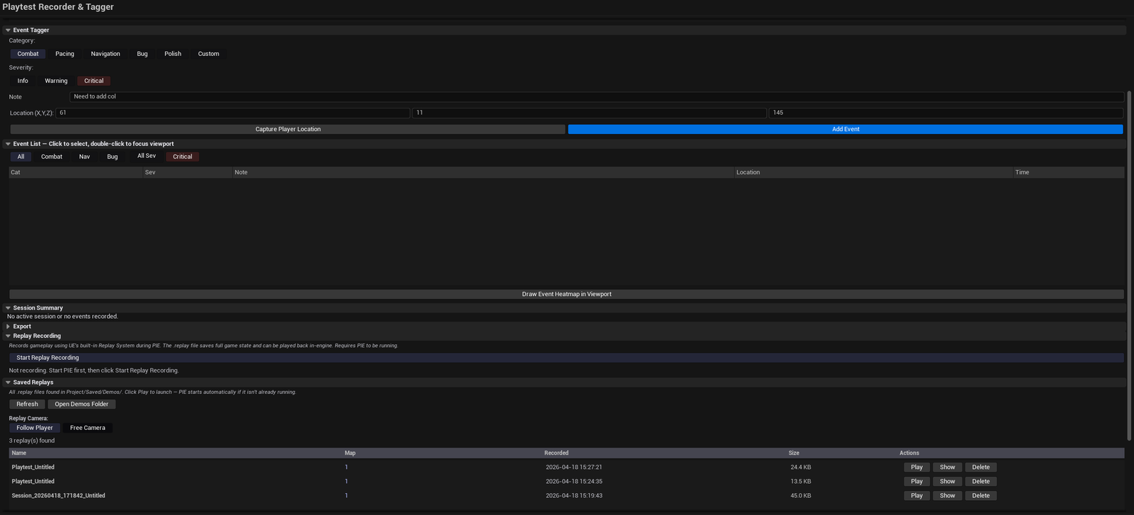 Screenshot 02 — Event review — Session loaded with 30+ events, filter active showing only Critical severity, viewport showing focus camera at one event.