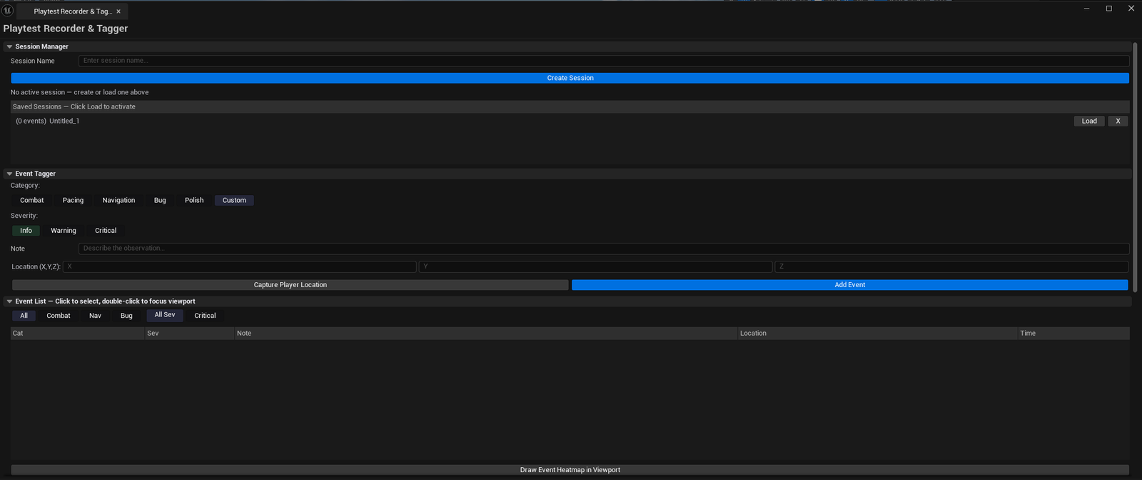 Screenshot 01 — Hero shot — Tool open during a PIE session with multiple events tagged, viewport showing event markers.