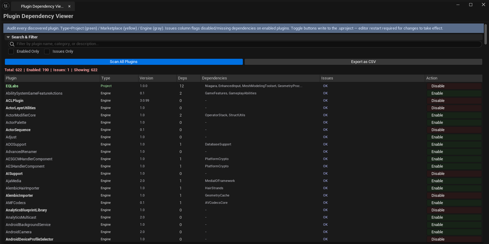 Screenshot 01 — Hero shot — Viewer open after scan, plugin list populated with mixed enabled/disabled, classification column visible, summary line at top.