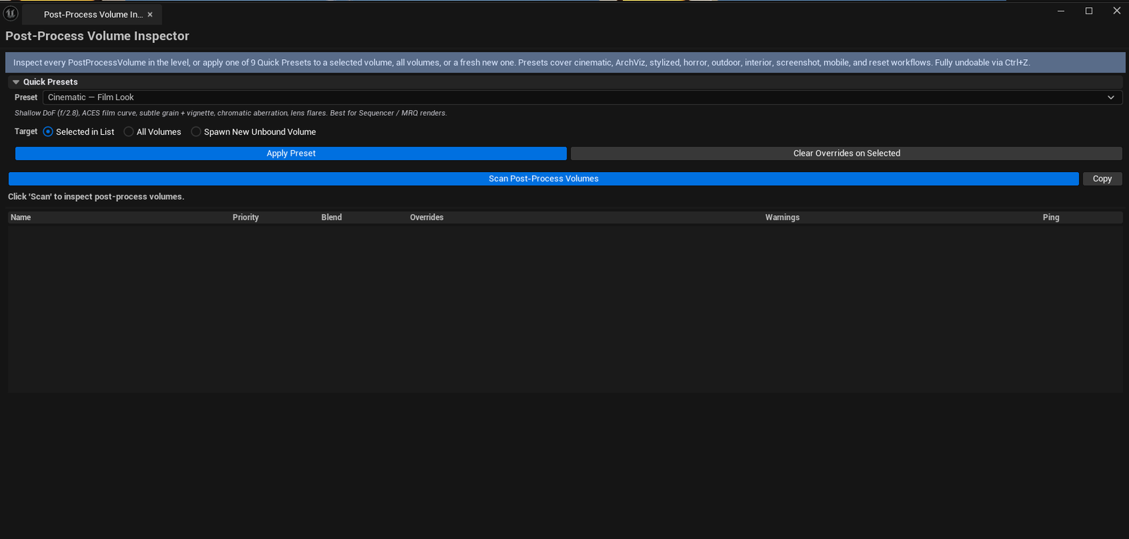 Screenshot 01 — Hero shot — Inspector open with a level scanned, several PP volumes listed with active-override columns visible.
