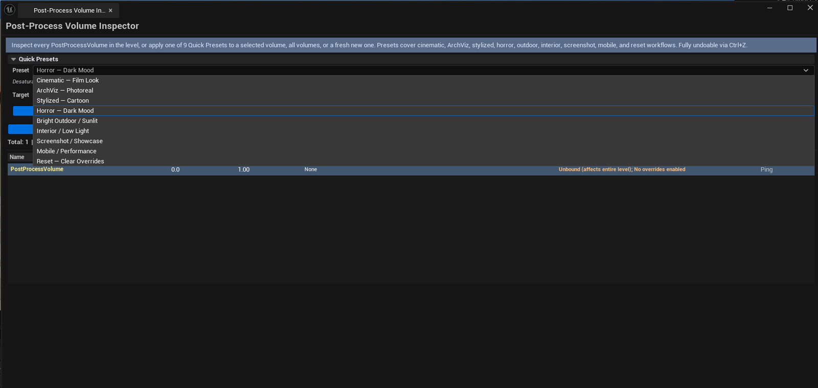 Screenshot 02 — Apply preset — Inspector with one volume selected, preset combo set to Cinematic, Apply Preset button highlighted.