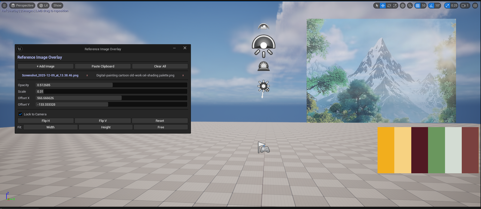 Screenshot 01 — Hero shot — Hub launcher panel showing Activate button. Below: viewport with the EdMode active, a reference image overlay visible alongside level geometry.