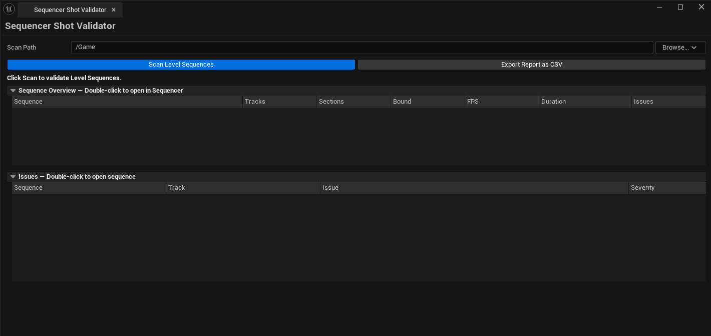 Screenshot 01 — Hero shot — Validator open after scanning a project, summary list at top with sequences, issue list below with mixed-severity entries.