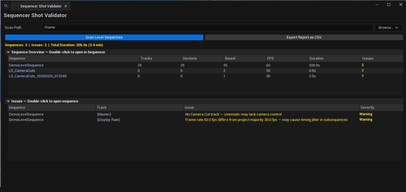 Screenshot 02 — Issues list — Issue list visible with mix of severity types, one row showing "Frame Rate Mismatch" between master and sub.