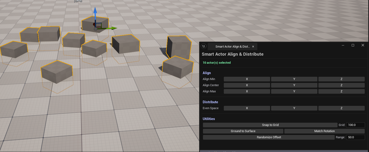 Screenshot 02 — Distribute action — Several selected actors in viewport before/after Distribute Y, showing even spacing.