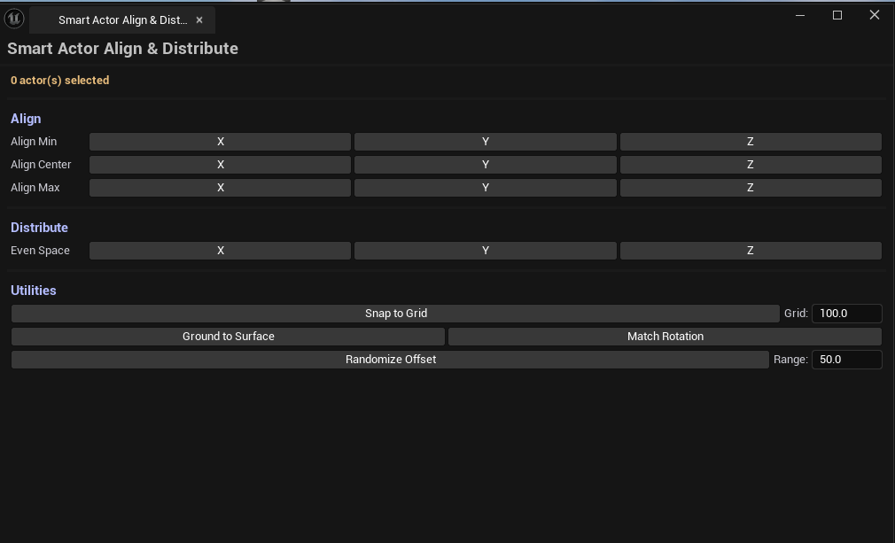 Screenshot 01 — Hero shot — Tool open with several actors selected in viewport, alignment buttons visible, viewport showing actors aligned to a common Y axis.