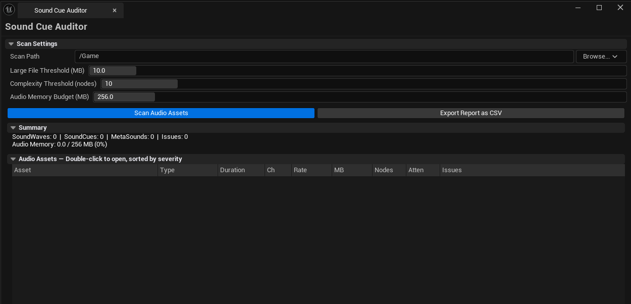 Screenshot 01 — Hero shot — Auditor open after scan, results list with mixed asset types (SoundCue / SoundWave / MetaSoundSource) and severities.