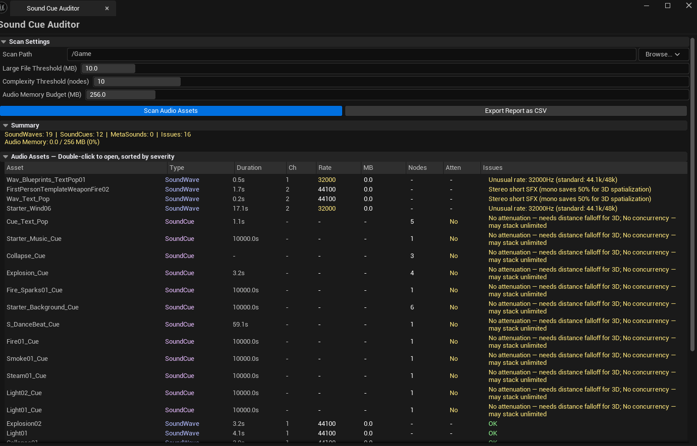 Screenshot 02 — Audit results — Results list sorted by Size MB descending, top entries showing largest files in the project.
