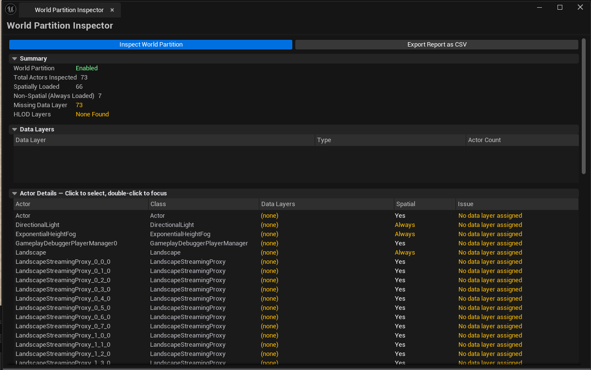 Screenshot 01 — Hero shot — Inspector open after a scan, both lists populated, summary line showing total actors / spatial split / missing-layer count.