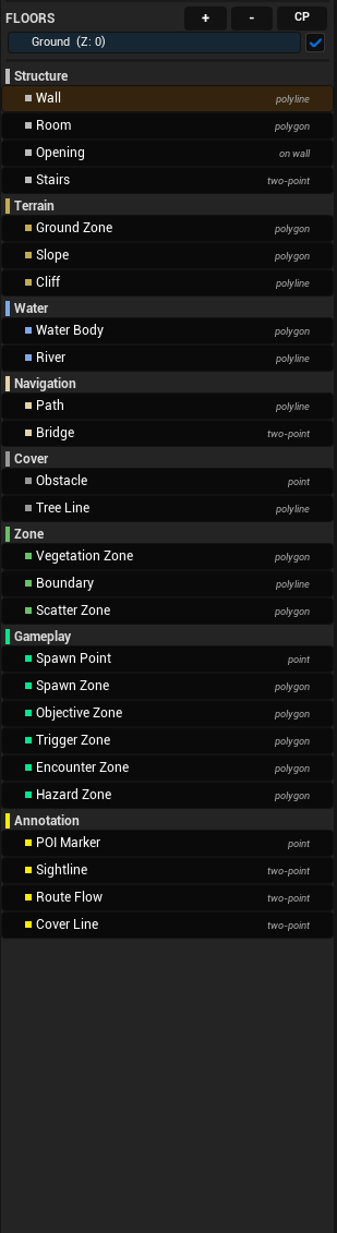 Screenshot 02 — Element palette + 26 types — Palette panel showing all 26 element types organized into the 8 categories (Structure / Terrain / Water / Navigation / Cover / Zone / Annotation / Gameplay), color-coded for fast visual scan.