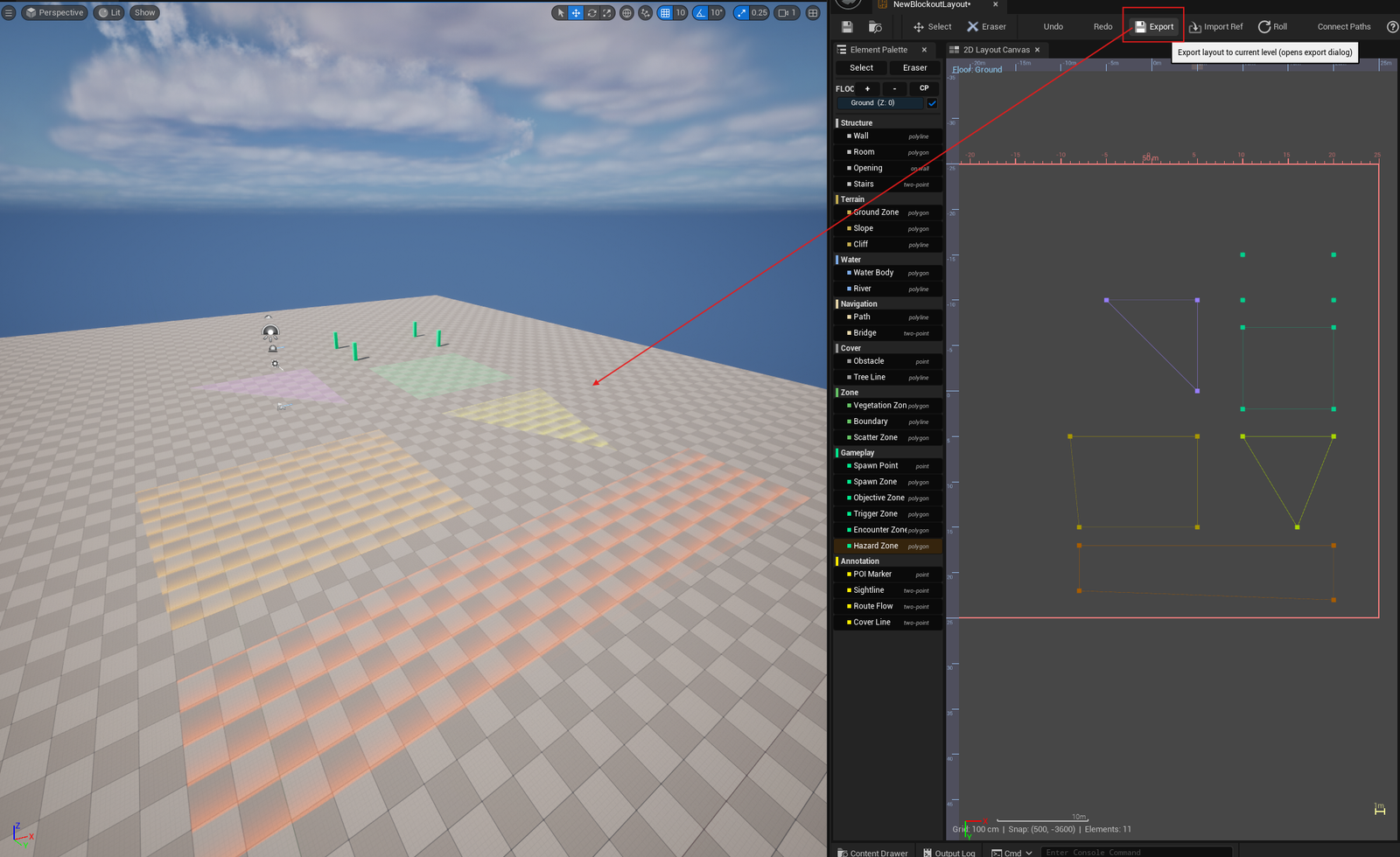 Screenshot 05 — Exported actors in level — A real Unreal level with the exported blockout actors placed (rooms, walls, water, scatter HISM), all on-grid, with grid materials visible.