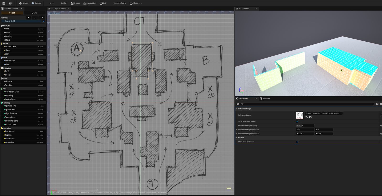 Screenshot 06 — Floorplan import + auto-trace — A PNG floorplan loaded as the canvas backdrop. Threshold slider isolates wall regions; Auto-Trace turns detected edges into Wall elements over the source image — perfect seed for an architectural-reference layout.