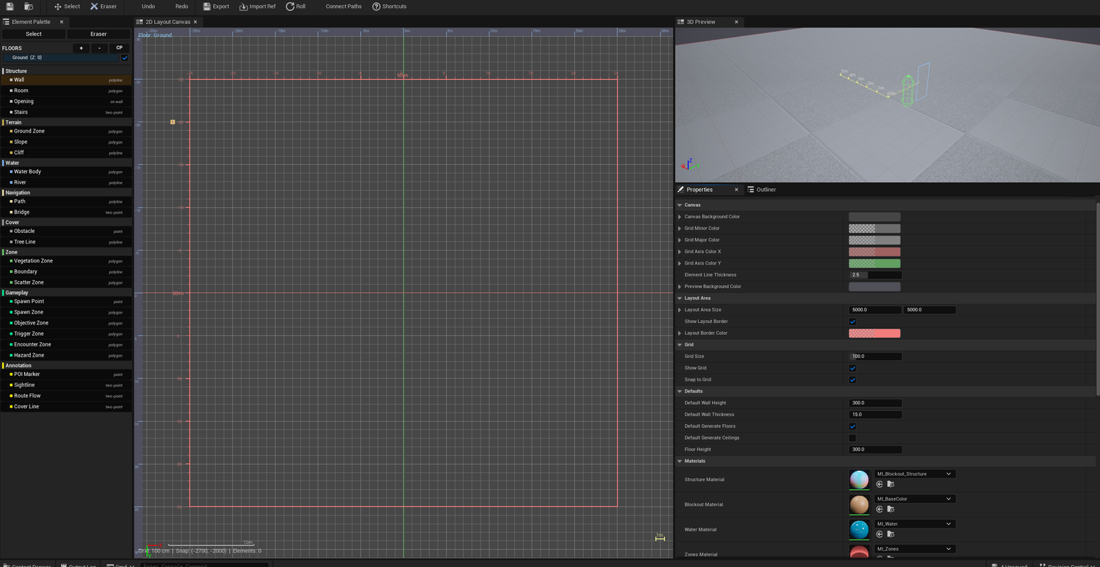 Screenshot 01 — Hero shot — Editor open with a populated multi-room layout — 2D Canvas on the left showing colored elements, 3D Preview on the right showing the extruded blockout in a level.