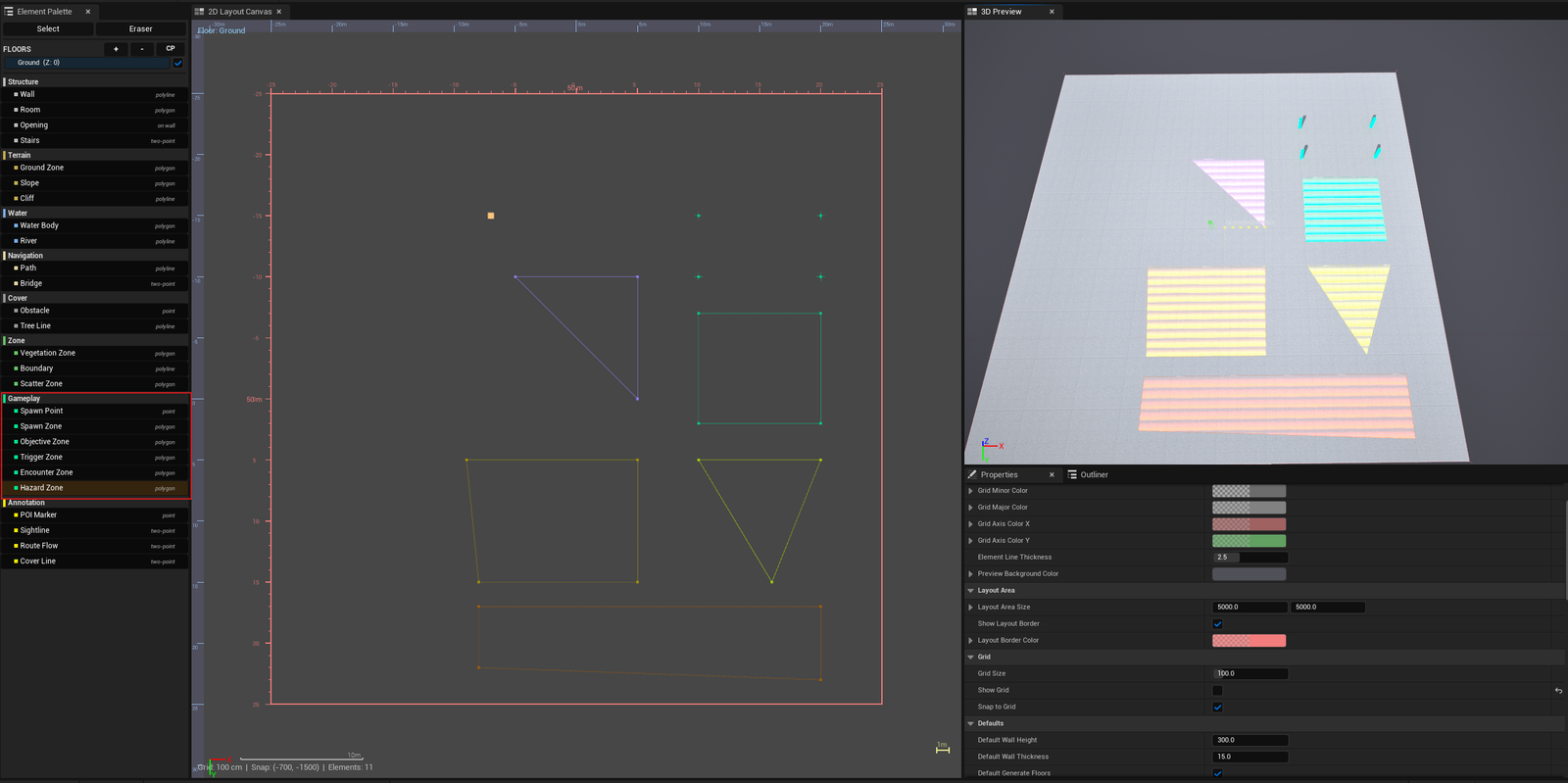 Screenshot 04 — MI_Zones animated material — 3D Preview showing several Gameplay zones (SpawnZone / ObjectiveZone / TriggerZone / EncounterZone / HazardZone) with the animated MI_Zones material running — different colors, opacities, and pattern speeds per zone.