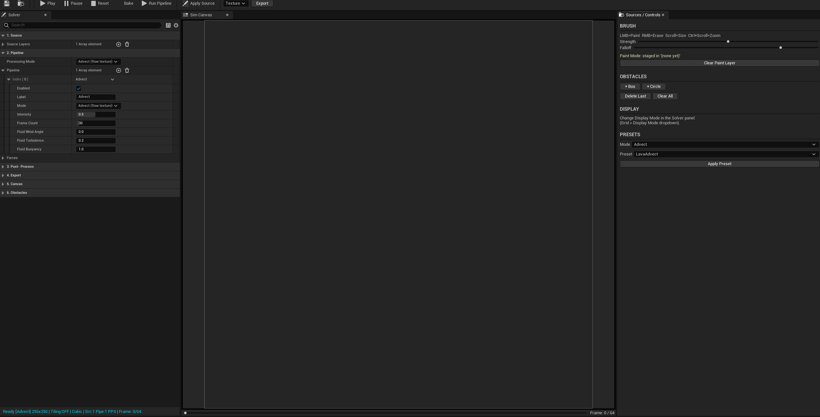 Screenshot 02 — Editor anatomy — Full editor window with all panels labeled — Source Stack, Pipeline, Post-Process, 2D Canvas, Emitter & Obstacles, Timeline / Status.