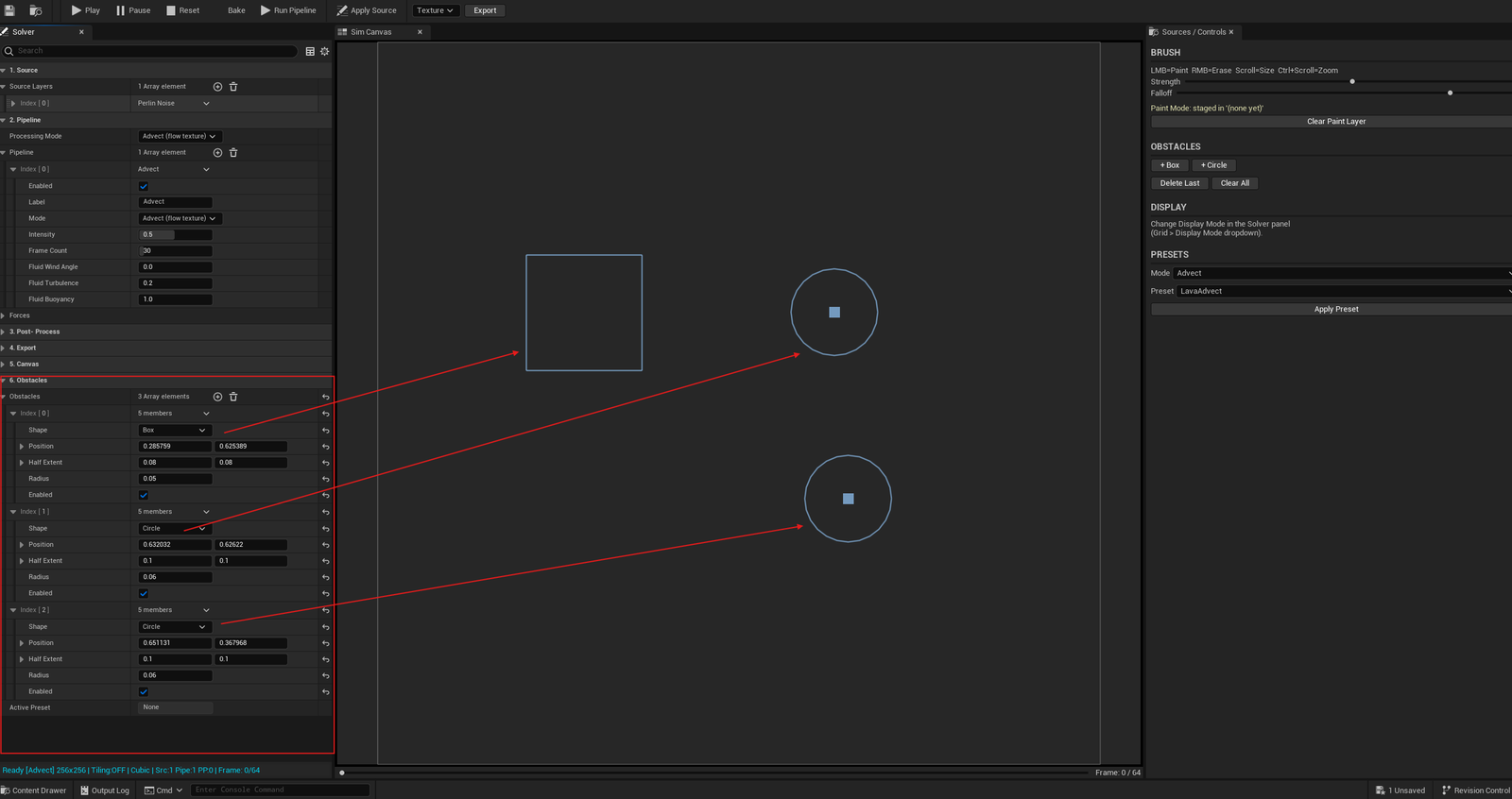 Screenshot 06 — Obstacles in action — Canvas showing fire flowing around a placed Box obstacle, flow visibly diverted around it.