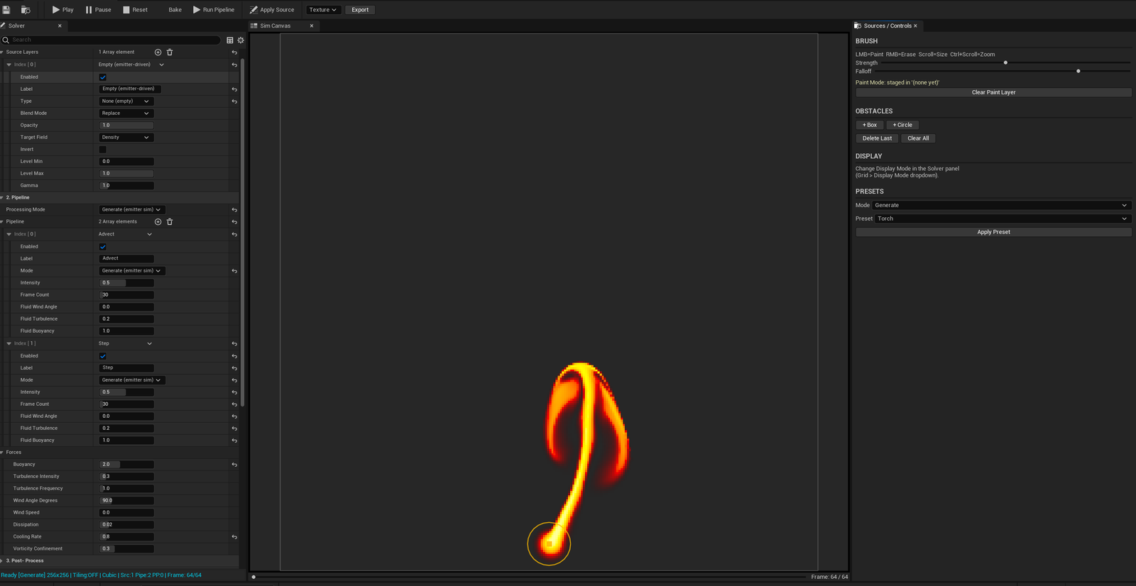 Screenshot 05 — Pyro preset playing — Canvas showing a Campfire preset mid-simulation with density field color-mapped in orange-yellow, status bar visible.